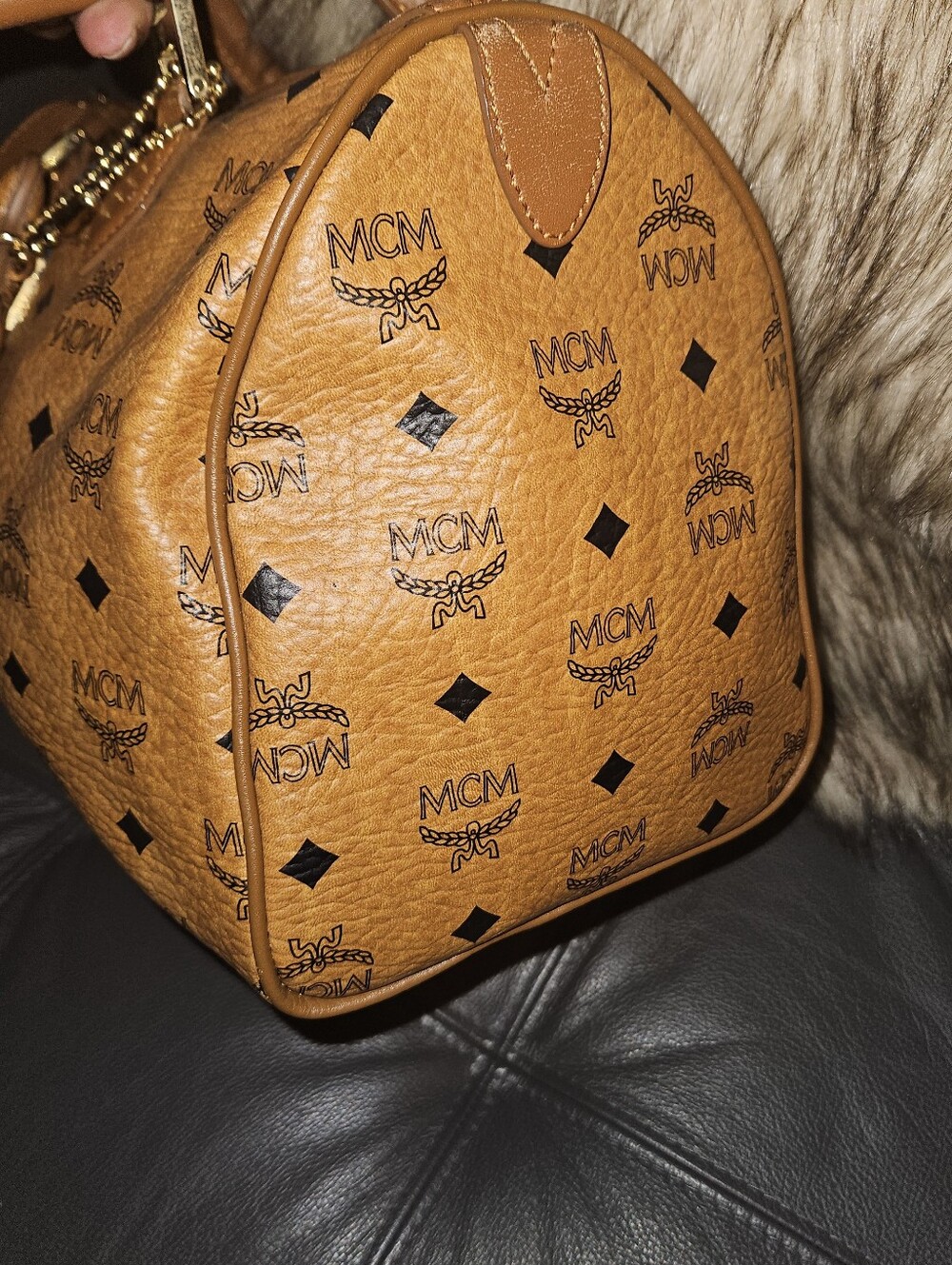 MCM Cognac Visetos Boston Satchel with Blue Stripe - Picture 5 of 9